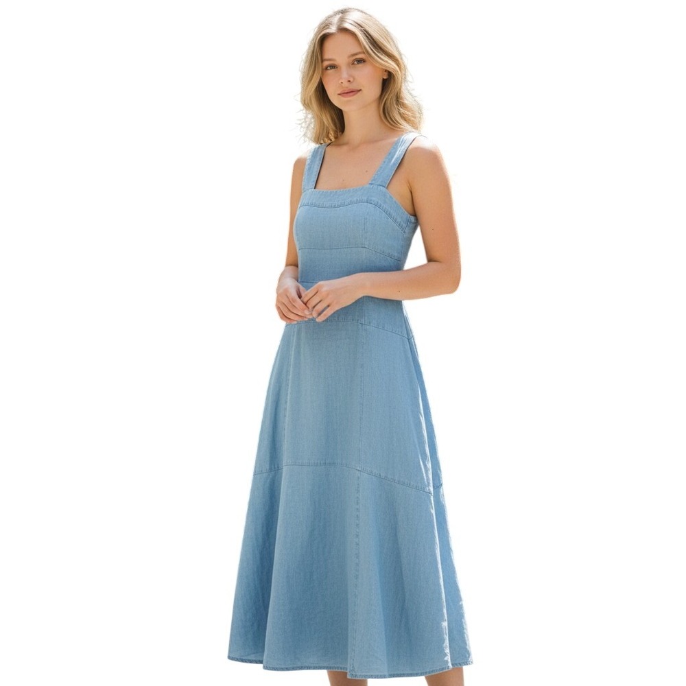 Vince Camuto Blue Tencel Denim Midi Dress Sleeveless Smocked Back XS